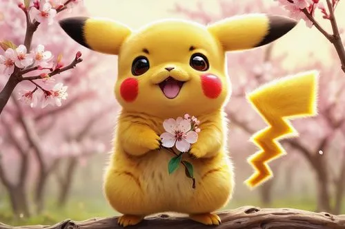 Cute Pikachu, standing pose, yellow fur, red cheeks, big eyes, tiny nose, electric powers, sparkles around, cute facial expression, childlike wonder, adorable body language, holding a small cherry blo