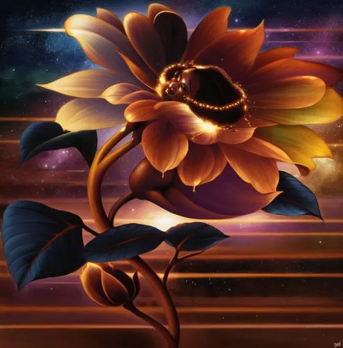 sexy beautiful black woman nude,a painting of a flower on a dark background,flower in sunset,flower background,cosmic flower,sunflowers in vase,flower painting,chrysanthemum background,Illustration,Re