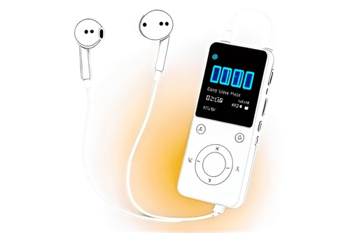 Electronic device, MP3 player, beep sound, sleek design, silver body, LCD screen, earbuds, playback buttons, USB port, compact size, metallic texture, shiny surface, 3/4 composition, soft lighting, pr