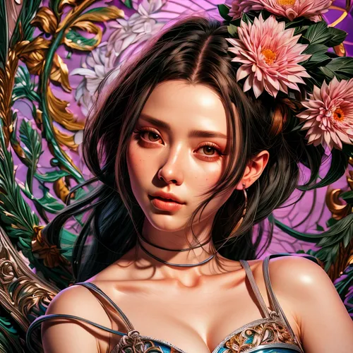 fantasy portrait,flower fairy,rosa ' amber cover,portrait background,yi sun sin,tiger lily,floral,chinese art,flora,japanese floral background,amano,elven flower,oriental princess,floral background,xiangwei,floral japanese,wreath of flowers,fantasy art,flower background,colorful floral