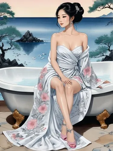 xiaofei,oriental princess,oriental painting,japanese woman,the girl in the bathtub,japanese art,Illustration,Paper based,Paper Based 30