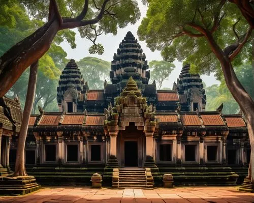 Angkor Wat inspired architecture, grandeur temple, intricate carvings, vibrant colors, ornate decorations, majestic entrance, stone walls, pointed towers, lush greenery, tropical plants, exotic flower