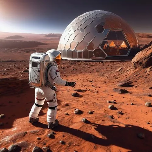 Mars colony, futuristic, sleek, silver metal, glass dome, circular structure, geometric patterns, LED lights, robotic arms, 3D printed walls, Martian terrain, red sand, rocky formations, distant Olymp