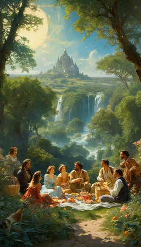 colomba di pasqua,picnic,idyll,holy supper,frederic church,robert duncanson,christ feast,family picnic,children studying,church painting,mountain scene,bougereau,soup kitchen,school of athens,last supper,the twelve apostles,romantic scene,tearoom,garden of eden,picnic basket,Conceptual Art,Fantasy,Fantasy 05