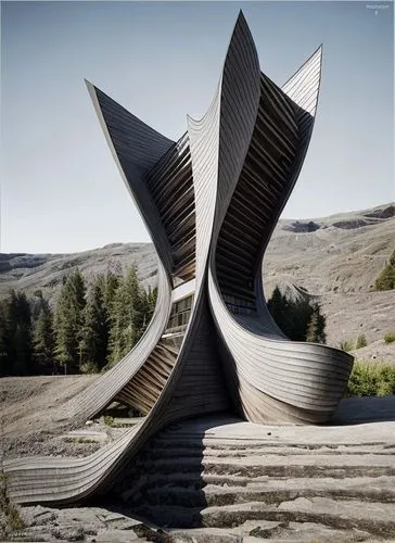 steel sculpture,futuristic architecture,concrete plant,helix,sculpture park,ski jump,futuristic art museum,archidaily,ski jumping,concrete construction,modern architecture,winding steps,public art,concrete ship,tekapo,arhitecture,natural monument,eco-construction,winding staircase,monument protection,Architecture,General,Modern,Elemental Architecture