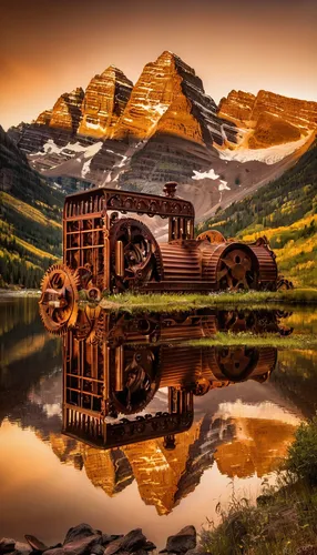 bucket wheel excavator,telluride,abandoned rusted locomotive,bucket wheel excavators,log home,wooden train,mining excavator,steampunk gears,the cabin in the mountains,industrial landscape,log truck,glacier national park,grindelwald,house in mountains,log cabin,house with lake,steampunk,house in the mountains,sunken ship,water wheel,Illustration,Realistic Fantasy,Realistic Fantasy 13