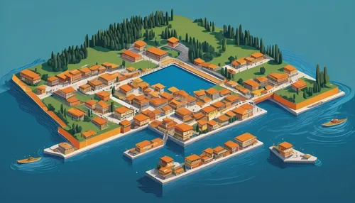 Christo's Floating Piers in Italy's Lake Iseo,venezia,artificial islands,peninsula,venetian lagoon,isometric,escher village,riva del garda,harbor area,medieval town,resort town,vizcaya,ancient city,ar