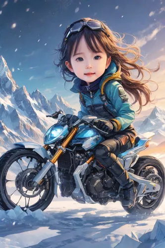 A BEAUTIFUL WOMAN DRIVING A FUTURISTIC MOTORCYCLE IN A, PROFESSIONAL IMAGE, {{image with intricate details}}, {{high quality image}}, {{BALANCED EMPHASIS FOR EACH VISUAL ELEMENT}}.,motorbike,snowmobil