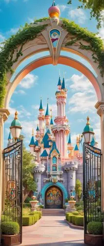 Fantasy Disneyland, magical kingdom, fairytale-like castle, bright pastel colors, intricate stone carvings, stained glass windows, grand archways, majestic entrance gates, lush greenery, vibrant flowe