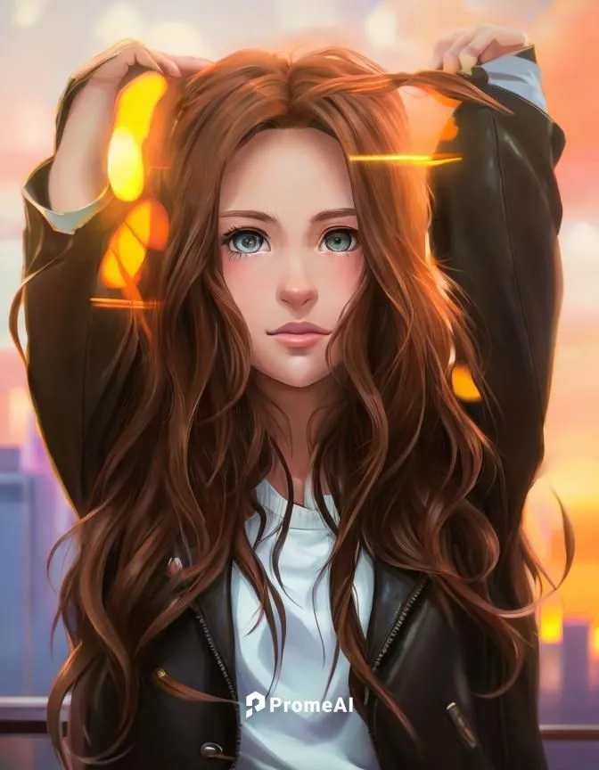 a portrait half body of caucasian girl 24 years old brown long hair  wearing a brown leather jacket stand up a balcony whit the New York in the sunset as background in 4k,burning hair,girl portrait,ro