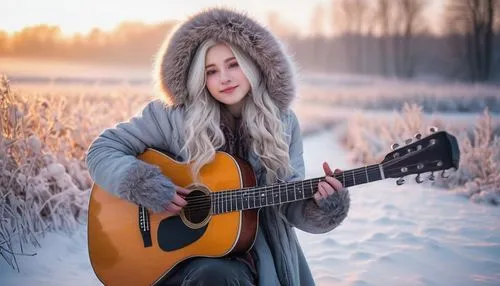 Winter scenery, snowy landscape, frosty morning, solo girl, 18yo, porcelain skin, rosy cheeks, long silver hair, frozen eyelashes, warm coat, fur hood, snow boots, holding a guitar, singing, gentle sm