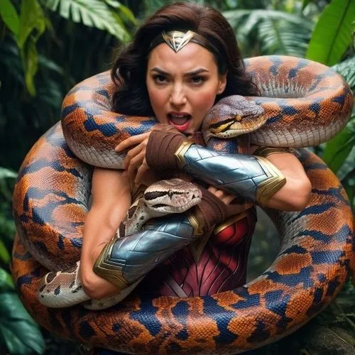 Gal Gadot's face screaming.,Wonder Woman jungle. ,amazona,anaconda,amazonas,amazonia,themyscira,amazonian