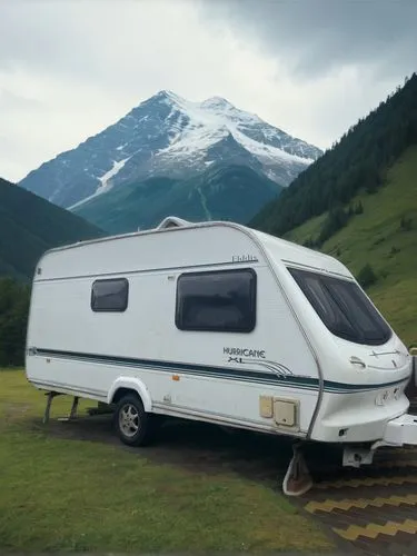 Сделай на фоне горы ,the camper is parked in the grass next to the mountains,teardrop camper,expedition camping vehicle,travel trailer,motorhome,travel trailer poster,christmas travel trailer