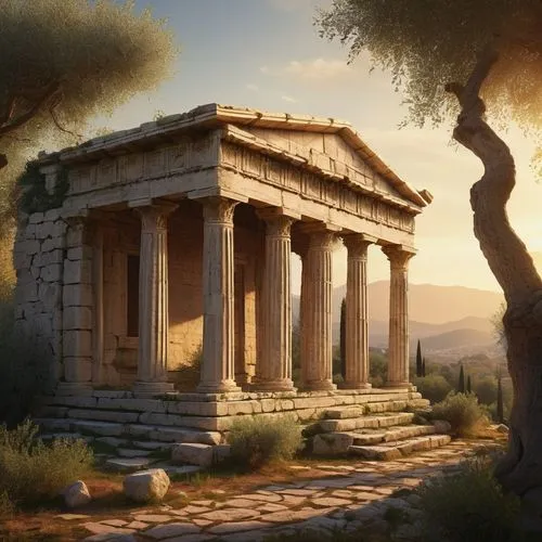 Ancient Greek temple, Doric columns, ornate carvings, marble stones, weathered exterior, crumbling ruins, overgrown with vines, surrounded by olive trees, sunset in the background, warm golden light, 