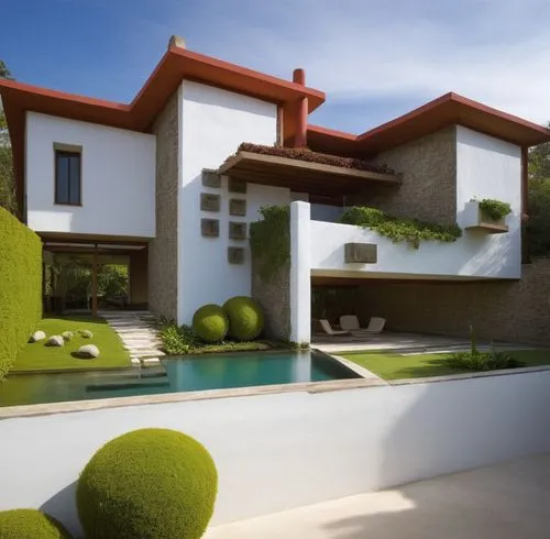 ESTERIOR DE UNA CASA RESIDENCIAL, CON UNA COCHERA AL FRENTE, CUBIERTA POR UNA LOSA QUE FORMA PARTE DE UNA TERRAZA EN PLANTA ALTA, ELEMENTOS DE LA ARQUITECTURA MODERNA MEXICANA MODERNA, CORRECCION DE E