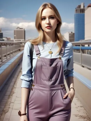 a picture of a woman with a beautiful overall appearance in the city,an attractive blond girl posing on the top of a bridge,girl in overalls,dungarees,lopatkina,kutuzova,chorkina,ukrainka,Photography,