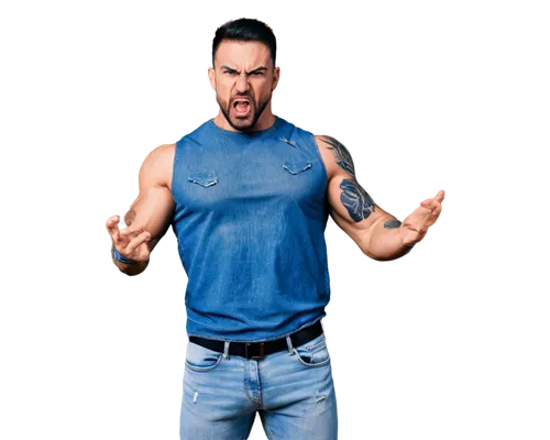 Muscular man, angry face, aggressive posture, mean bull tattoo on left shoulder, black ink, bold lines, detailed fur texture, ripped sleeveless shirt, blue jeans, heavy boots, intense gaze, dramatic l