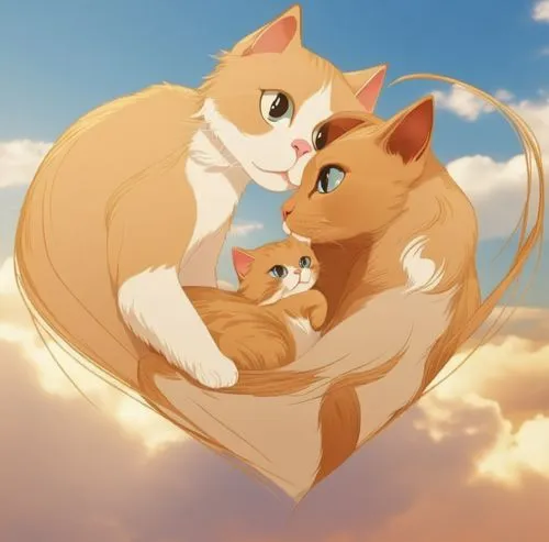 cat family cartoon style
,a picture of two cats laying on a blanket in the sky,skyclan,riverclan,thunderclan,leafstar,aristocats,cat family,Photography,General,Realistic