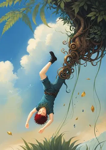 an illustration of a person upside down and reaching up,arrietty,fairies aloft,girl upside down,flying girl,girl lying on the grass,flying dandelions,Illustration,Realistic Fantasy,Realistic Fantasy 1