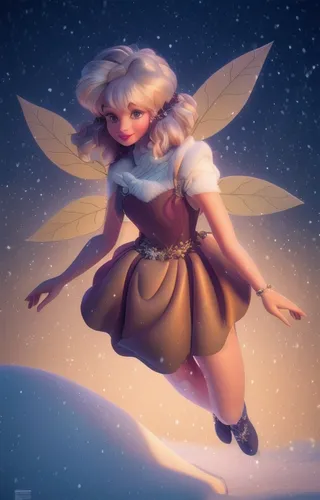 a snowy night, add some sparkle animation, multiple color combination of trees, brownish hair,rosa 'the fairy,falling star,rosa ' the fairy,fairies aloft,child fairy,show off aurora,aurora,star drawin