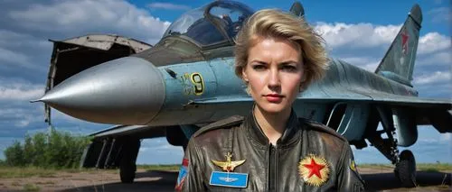 Ghost of Kyiv, Ukrainian female pilot, heroic pose, determined expression, short blonde hair, minimal makeup, worn leather jacket, Soviet-era flight suit, medals on chest, standing in front of a MiG-2