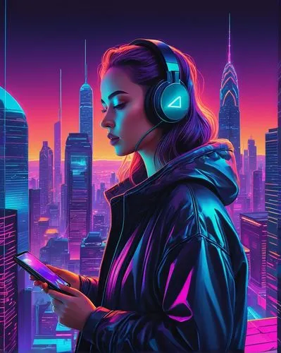 cyberpunk,spotify icon,vector illustration,80s,music player,vector art,world digital painting,audio player,echo,vector girl,sci fiction illustration,cg artwork,music background,80's design,futuristic,android inspired,listening to music,headphone,cyber,city ​​portrait,Conceptual Art,Daily,Daily 25