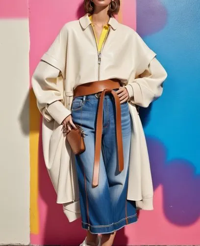 Fashion show ,a woman in white shirt and jean pants standing in front of colorful wall,marni,krakoff,dvf,delvaux,rykiel,loewe,Photography,General,Realistic