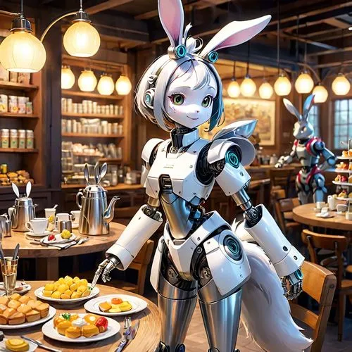 easter brunch,evangelion eva 00 unit,waiting staff,hatsune miku,japanese restaurant,deco bunny,white rabbit,rei ayanami,evangelion,fine dining restaurant,bistro,kotobukiya,evangelion mech unit 02,izakaya,honmei choco,pub,gundam,minibot,mecha,a restaurant,Anime,Anime,Cartoon