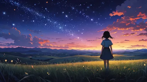 starry sky,starlight,star sky,fireflies,falling stars,night sky,falling star,nightsky,the night sky,clannad,arrietty,kizu,starbright,cosmos field,dream world,starlit,dreamscape,night stars,cosmos wind,dusk background,Illustration,Japanese style,Japanese Style 05