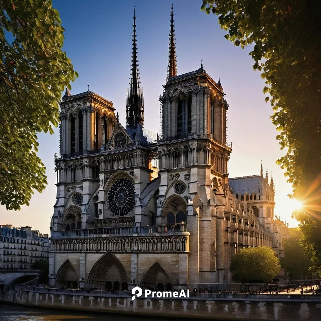 Notre Dame de Paris, Gothic architecture, grand cathedral, intricate stone carvings, stunning stained glass windows, ribbed vaults, flying buttresses, ornate facades, dramatic arches, delicate gargoyl