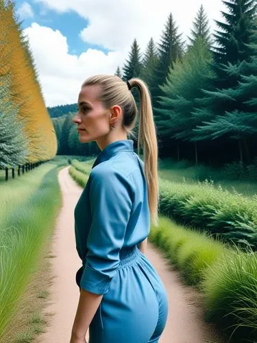 The picture shows a person with long, blond hair tied back in a high ponytail, standing barefoot outdoors in a wooded area. In the background are trees, bushes and a hint of a small fence in the middl