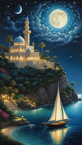 fantasy picture,ramadan background,sea fantasy,arabic background,ramadani,rem in arabian nights,Illustration,Realistic Fantasy,Realistic Fantasy 08