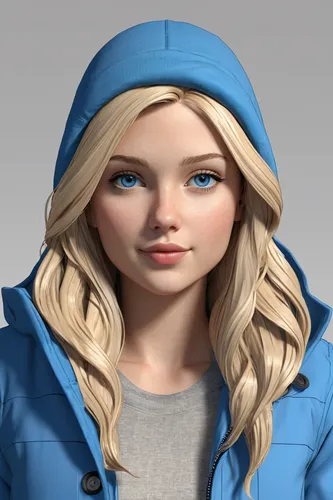  a 25-year-old American girl with long, flowing blonde hair and striking blue eyes wearing a winter jacket,3d model,elsa,3d rendered,parka,winterblueher,clementine,3d figure,3d modeling,3d render,char