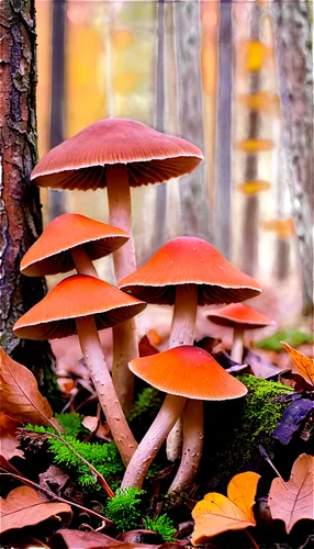 Wild mushroom, various species, earthy colors, caps of different shapes, stems of varying lengths, gills or pores underneath, forest floor, fallen leaves, natural lighting, shallow depth of field, war