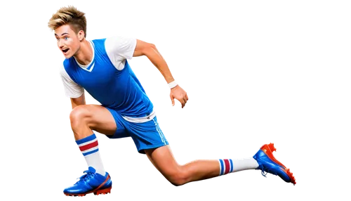 Cartoon soccer player, dynamic pose, kneeling, one leg bent, colorful soccer cleats, white socks, shin guards, athletic shorts, sleeveless jersey, messy spiky hair, bright blue eyes, joyful expression