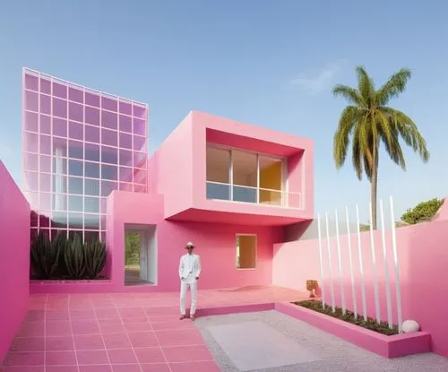 DISEÑO ESTERIOR DE UNA CASA ESTILO MINIMALISTA, USANDO EN UN VOLUMEN EL COLOR ROSA MEXICANO Y EL RESTO EN COLOR BLANCO, CON CANCELES DE ALUMINIO Y CRISTAL TRANSPERENTE, CORRCCION DE ERRORES.,the man i