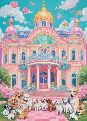 dog cafe,palace,kawaii animals,corgis,color dogs,church painting,dog school,dog house,baroque,ice cream parlor,pink city,merry-go-round,rococo,merry go round,tokyo disneyland,puppies,dog angel,orchestra,kennel club,marble palace,Conceptual Art,Fantasy,Fantasy 24