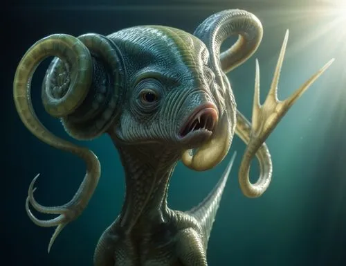 Alien creature with arms like trunks positioned where the ears should be. Human-like eys. Closed fish-like mouth. Tail.,an illustration of a creature with its eyes closed and two large, curled horns h