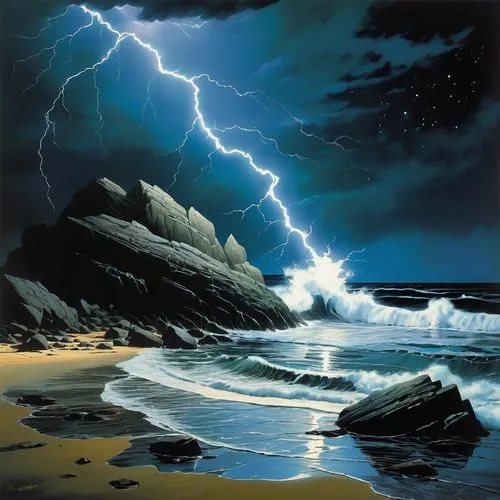 Transport your imagination to a world where shimmering waves crash against large rocks on the beach, night time with lightning,stormbringer,sea storm,stormwatch,lightning storm,superstorm,stormier,thu