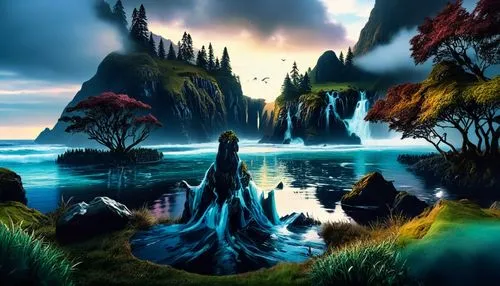 a painting of a river with some waterfalls,fantasy landscape,cartoon video game background,fantasy picture,underwater landscape,landscape background,an island far away landscape,Illustration,Realistic