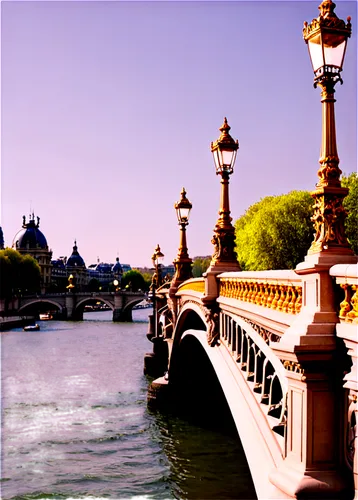 Pont Alexandre III, Paris, France, April 25th, sunny day, morning, soft lighting, 3/4 composition, shallow depth of field, warm color tone, cinematic lighting, iron lattice bridge, Seine River, urban 