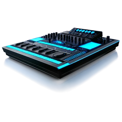 Audio waveform, futuristic design, glowing blue lines, minimalist background, stereo speakers, headphones, mixing console, knobs and sliders, LED lights, metallic surface, reflective floor, shallow de