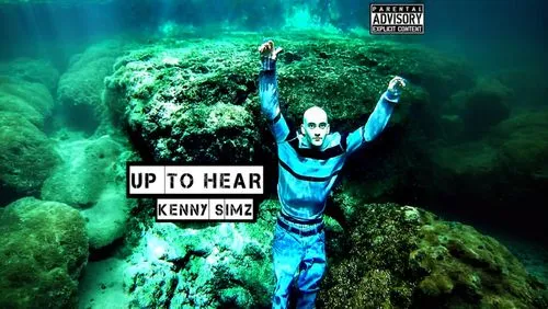 A bald adult deep underwater, album cover, realistic, smooth blending,8K,,a man in the water poses next to a rock,under the water,hung up,under water,unheard,apnea,neck