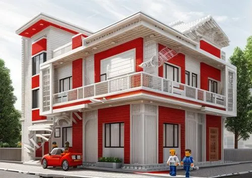 SP+A style architecture, Rendered in style of lego,mfantsipim,two story house,3d rendering,residential house,sketchup,exterior decoration,duplexes,mansard,facade painting,model house,houses clipart,da