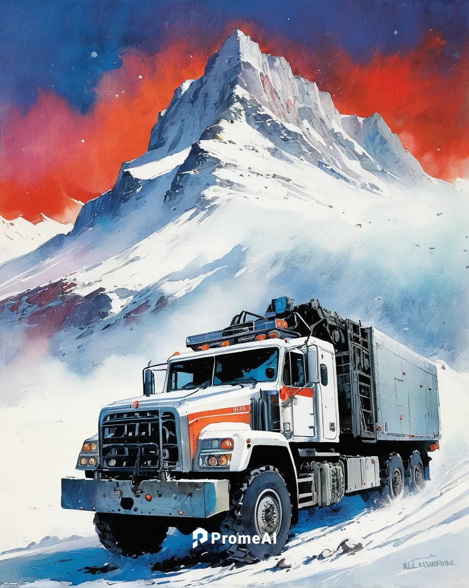 Imagine a HEMTT truck on a rescue mission in a snowy mountain landscape.,kamaz,magirus-deutz,snowplow,magirus,snow plow,unimog,white fire truck,engine truck,snow removal,mountain rescue,winter service