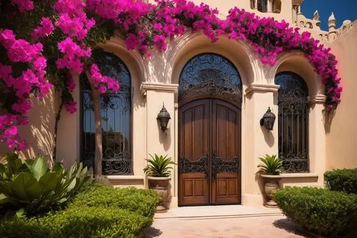 Spanish style, commercial building, intricate stone carvings, ornate ironwork, curved lines, arches, domed roof, bell tower, stucco walls, warm beige color, wooden shutters, balconies with wrought iro