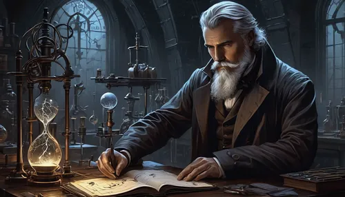 candlemaker,clockmaker,watchmaker,theoretician physician,apothecary,scholar,alchemy,divination,researcher,potions,investigator,tinsmith,sci fiction illustration,chemist,magus,magic grimoire,professor,inventor,game illustration,leonardo devinci,Conceptual Art,Fantasy,Fantasy 34