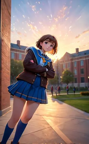 a photography full body of a beautiful caucasian young 19 years old, brown small hair, wearing a blue uniform scholar, blue miniskirt stand up in a college at sunset as background,kantai collection sa