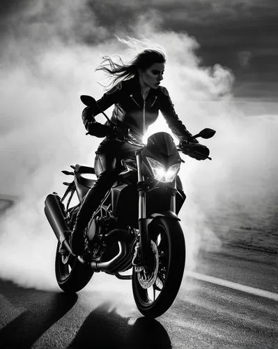 a shot from a distance of a beautiful seductive russian female biker, with golden background lightning, in the middle of speeding on a sport bike, with an air of dynamic movement, with clouds of mysti