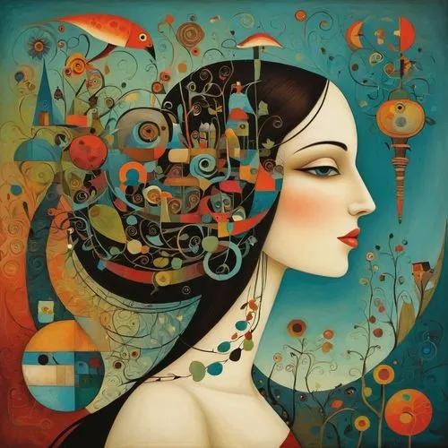 viveros,art deco woman,woman thinking,boho art,head woman,bohemian art,Art,Artistic Painting,Artistic Painting 29